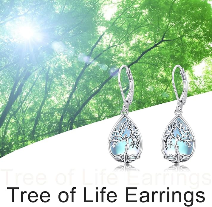 Odinstone 925 Sterling Silver Earrings Tree of Life Teardrop Moonstone Dangle Drop Leverback Earrings for Women