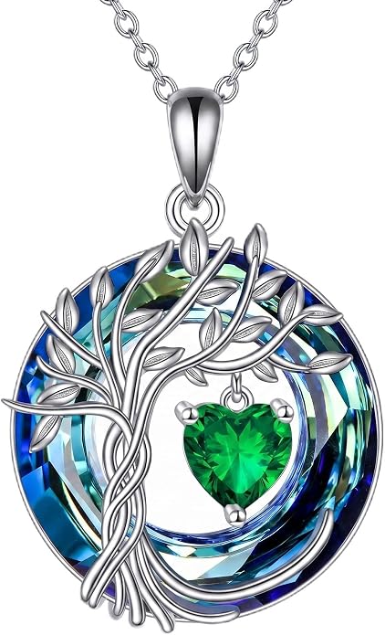 CRMAD Tree of Life Necklace Birthstone Pendant Necklaces with Crystal Anniversary Birthday Wedding Jewelry for Mom Her Wife Sister