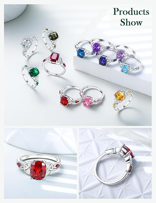 925 Sterling Silver Birthstone Rings for Women Cushion Cut Engagement Celtic Knot Ring Irish Jewelry Created Gemstone Anniversary Rings Size 6-10(with Box)