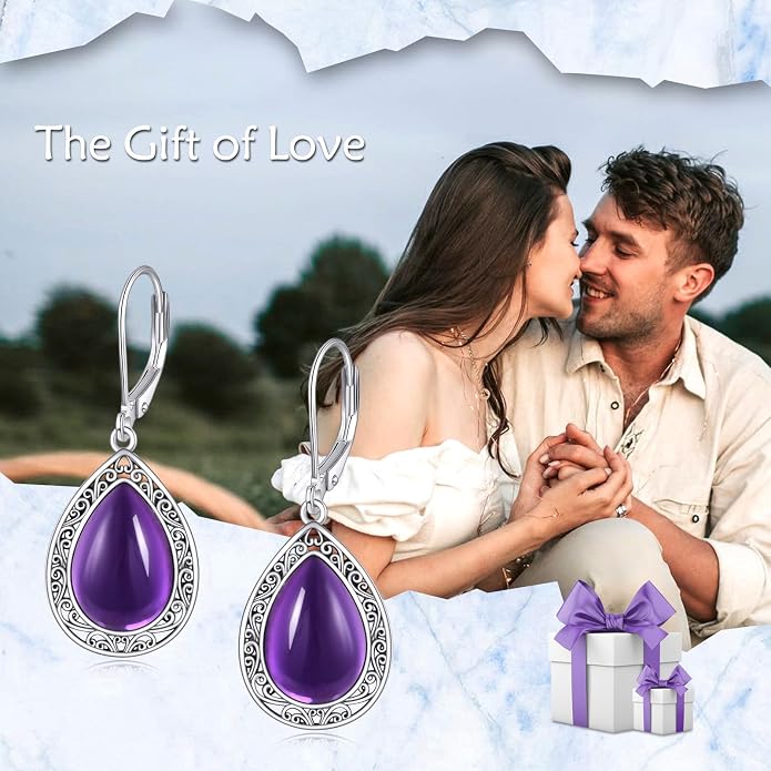 Moonstone/Lapis Lazuli/Peridot/Amethyst/Pink Teardrop Earrings for Women Sterling Silver Filigree Dangle Earrings Leverback Earrings Jewelry Gifts for Women