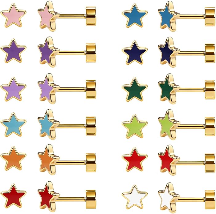JMLOON 12 Pairs Enamel Flat Back Stud Earrings Surgical Stainless Steel Round Heart Star Square Hexagon Screw Back Stud Earrings