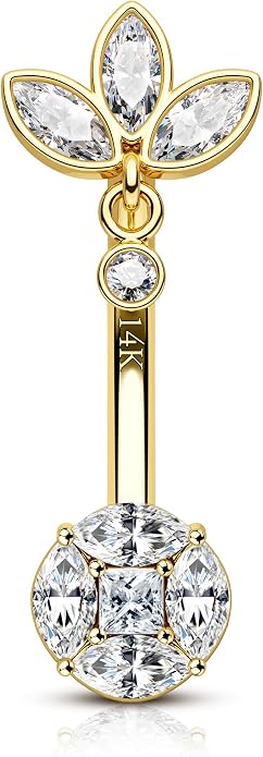 COCHARM 14K Gold Belly Button Rings 14G Dangle lotus Belly Navel Rings for Women 14K Gold Belly Navel Piercing Jewelry 10MM Barbell