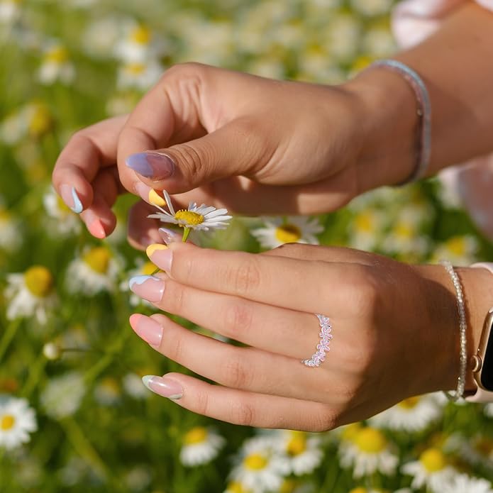 S925 Sterling Silver Dainty Daisy Flower Rings for Women, I Think Of You Every Daisy, 12 Month Birth Flower Ring