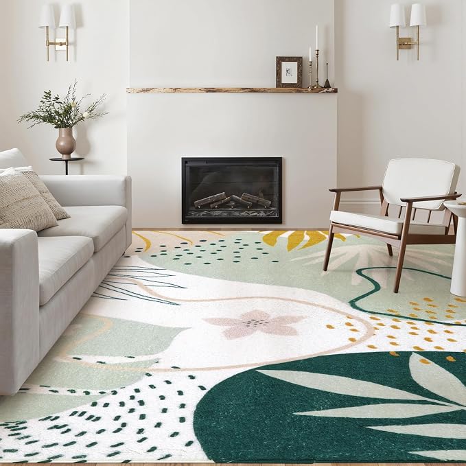 Lahome Green 10x14 Rug for Living Room, Large Washable Area Rug Non-Slip Ultra-Thin Stain Resistant Rug for Dining Room Table, Soft Botanical Print Indoor Rug for Bedroom Office (Green, 10'x14')
