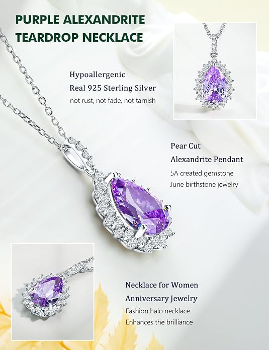 925 Sterling Silver Teardrop Necklace for Women Huge Created Gemstone Solitaire Halo Pendant Pear Cut Birthstone Necklace