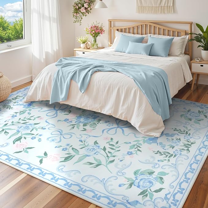 Collive 6x9 Blue Area Rug, Boho Bow and Floral Rugs for Living Room Machine Washable, Soft Ultra-Thin Bow Carpet Non Slip for Girls Room Bedroom Entryway Playroom