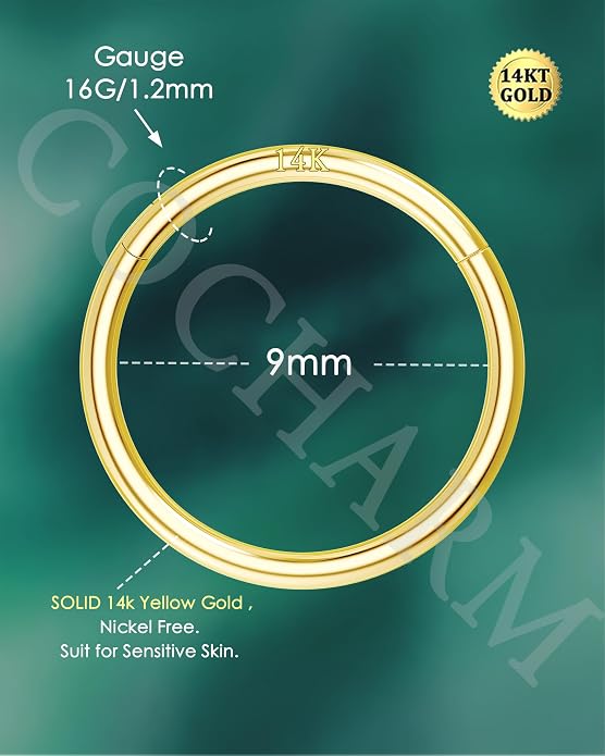 COCHARM 14K Solid Gold 18g/16g Nose Rings 16G Septum Rings Yellow Gold Tragus Helix Cartilage Conch Earring Hoops 18 Gauge Piercing Hoop