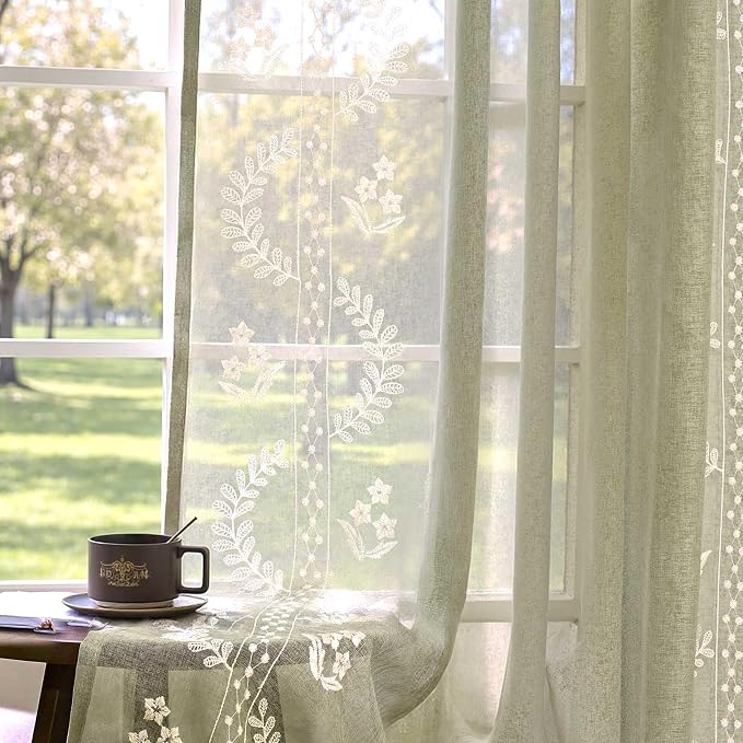 jinchan Belrose Sage Green Floral Sheer Curtains for Living Room 84 Inch Long Voile Embroidered Farmhouse Curtains for Bedroom Ivory Flower Patterned Rod Pocket Window Treatments, 2 Panels Green