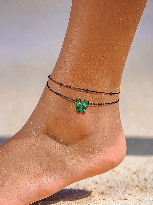 Richsteel Double Layer Heart/Butterfly Birthstone Anklet for Women Non Tarnish Waterproof, Silver/Gold/Black Stainless Steel 8.5-10.5 Inch Adjustable Chain Anklets Jewelry Gifts for Her