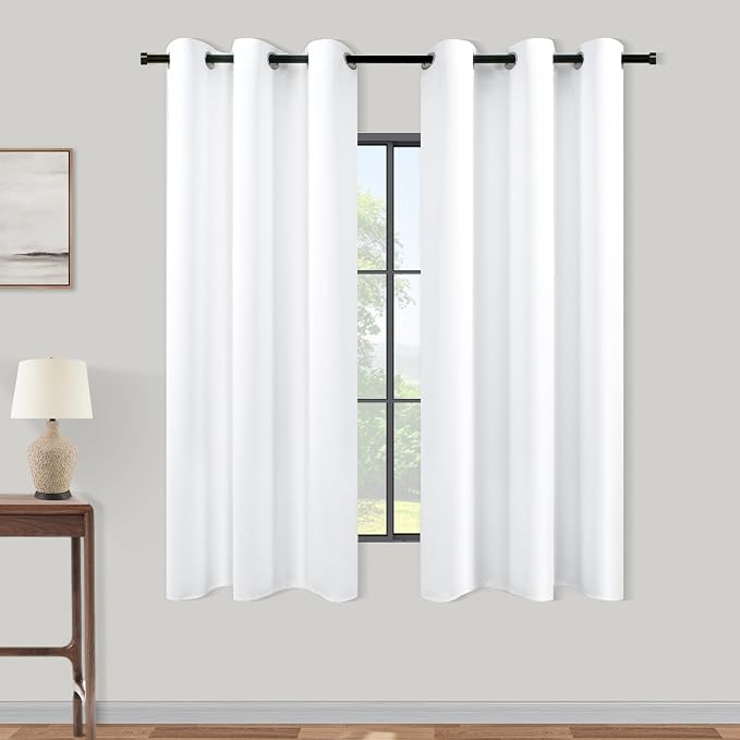 KOUFALL 48 Inch Curtains for Bathroom, Room Darkening Blackout Short Window Curtain 48 inches Long for Bedroom Kitchen, White