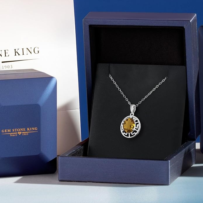 Gem Stone King 925 Sterling Silver 10X8MM Oval Gemstone Birthstone Necklace | Greek Key Pendant Necklace for Women | With 18 Inch Silver Chain