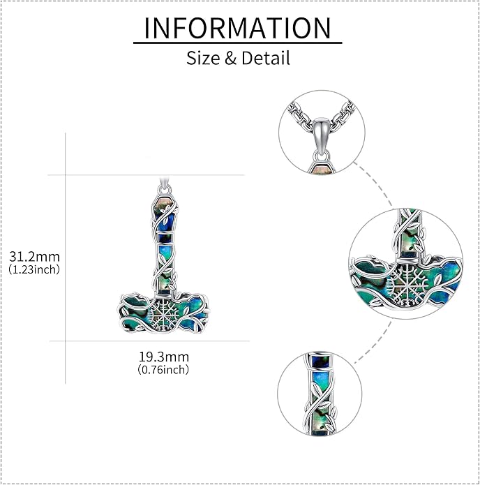 Thors Hammer Necklace 925 Sterling Silver Abalone Shell Mjolnir Amulet Pendant Nordic Jewelry for Women Men
