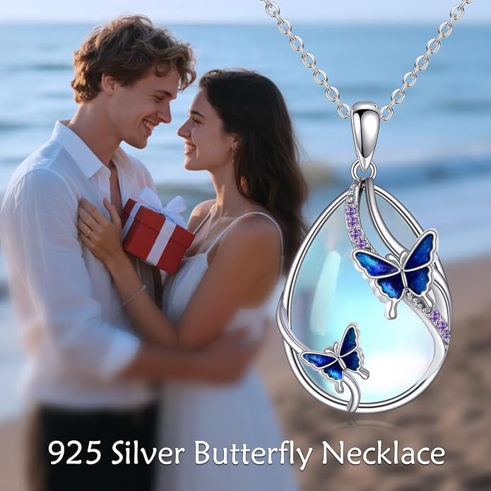 KQF Dragonfly/Butterlfy/Cat/Jellyfish/Bunny/Axolotl/Bee/Mermaid/Hummingbird/Elephant Necklace for Women Sterling Silver Moonstone Pendant Necklace Dragonfly Jewelry Gifts for Women