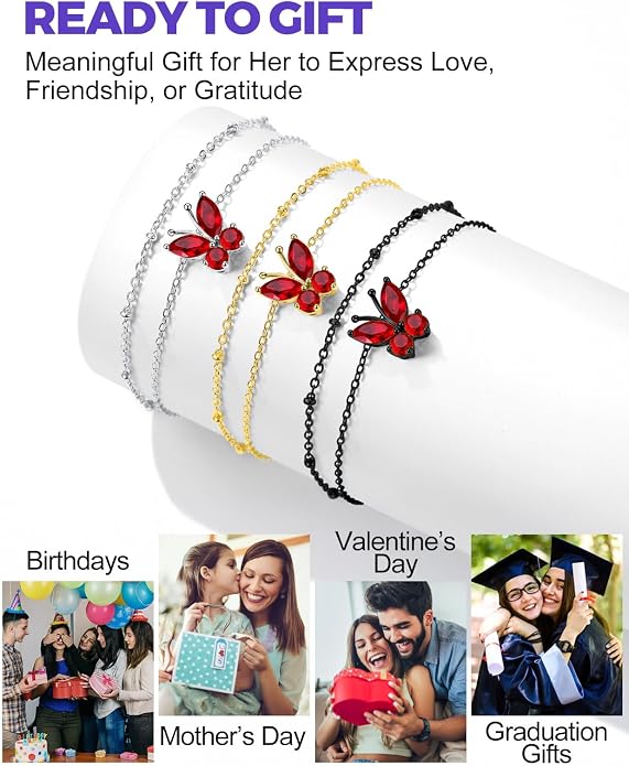Richsteel Double Layer Heart/Butterfly Birthstone Anklet for Women Non Tarnish Waterproof, Silver/Gold/Black Stainless Steel 8.5-10.5 Inch Adjustable Chain Anklets Jewelry Gifts for Her