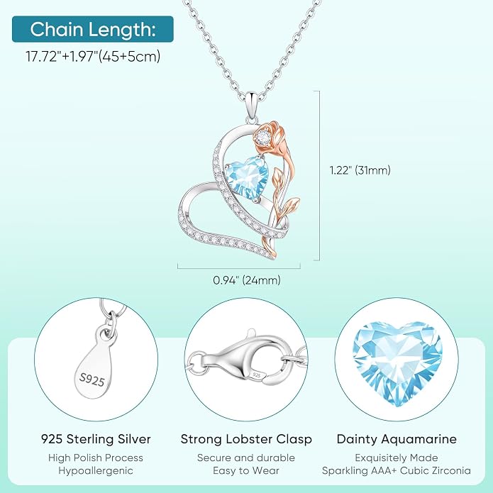 Rose Heart Birthstone Necklace for Women - Dainty 925 Sterling Silver Necklaces for Women Trendy CZ Pendant Necklace Jewelry Birthday Anniversary Christmas Gifts for Girlfriend Mom Lady Daughter