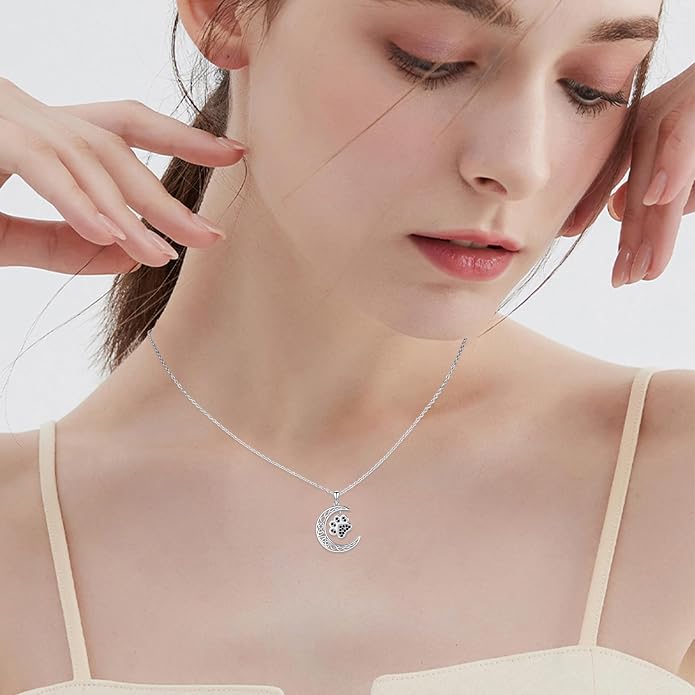 TRISHULA Crescent Moon Necklace 925 Sterling Silver Eye of Horus Animal Moon Pendant with Heart Crystal Birthday Jewelry Gift for Women Christmas Gifts for Her