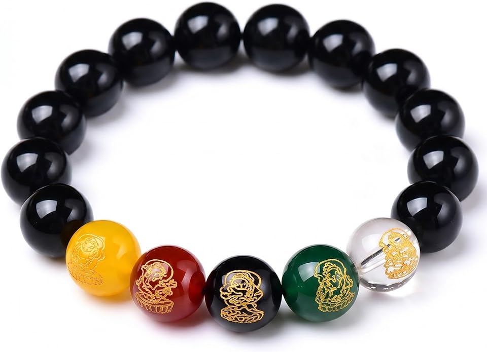 LINGYUAN Feng Shui Wealth and Luck Bracelet with Gold Foil Five Gods Amulet-Red Agate Cinnabar Gemstone Bracelet for Prosperity, Protection & Success, Lucky Charm Gift for Men & Women