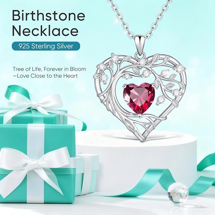 Tree of Life Birthstone Pendant Necklace - 925 Sterling Silver Heart Cubic Zirconia Diamond Women Pendant Necklaces for Her Daughter Girlfriend Birthday Gift Ideas for Wife Mom for Valentines Day