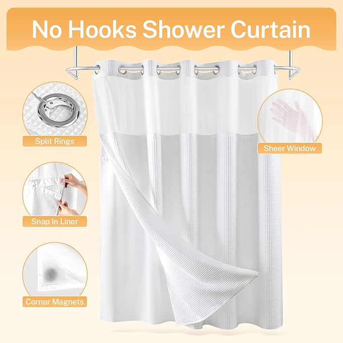 River Dream White Cotton Blend Fabric Shower Curtain Set with Liner, 71x74 | Waffle Weave, No Hook Needed, with Snap in Replacement Liner, Top Sheer Window, Hotel Quality Fabric for Bathroom