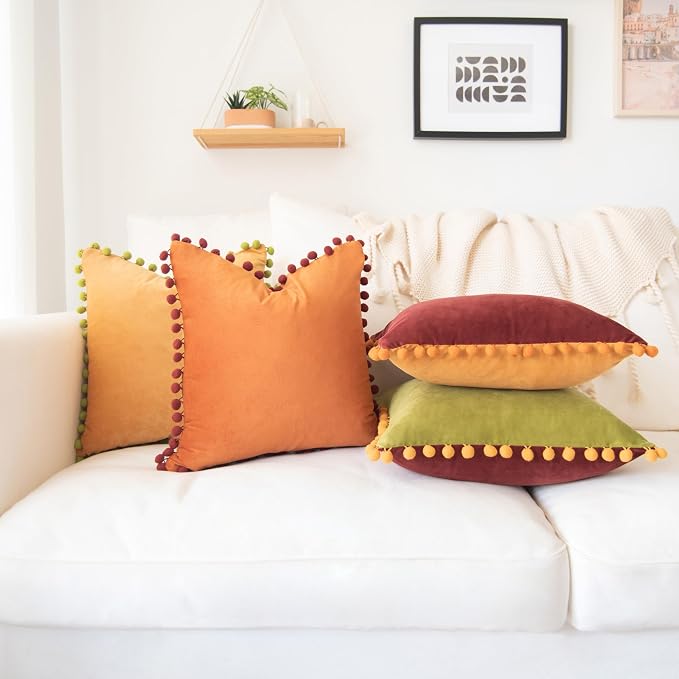 MONDAY MOOSE Decorative Throw Pillow Covers Cushion Cases, Set of 4 Soft Velvet Pom Poms Double-Sided Designs, Mix and Match for Home Decor, Pillow Inserts Not Included (16x16 inch, Yellow/Green)