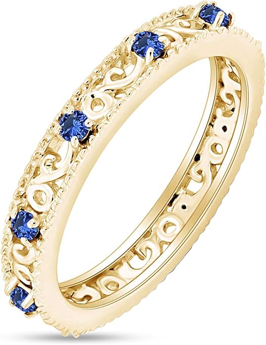 Jewel Zone US Filigree Eternity Wedding Band Ring for Women, Round Cut Simulated Gemstone Stackable Promise Ring in 14K Gold Plated 925 Sterling Silver Band Width 3.5mm – Elegant Jewelry for Her