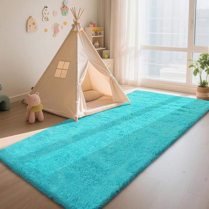Teal Blue Rug Fluffy Rugs, 2x6 Teal Area Rugs for Bedroom, Soft Play Mat, Indoor Floor Carpet for Teen, Preppy Dorm, Plush Aesthetic Bedside Rug