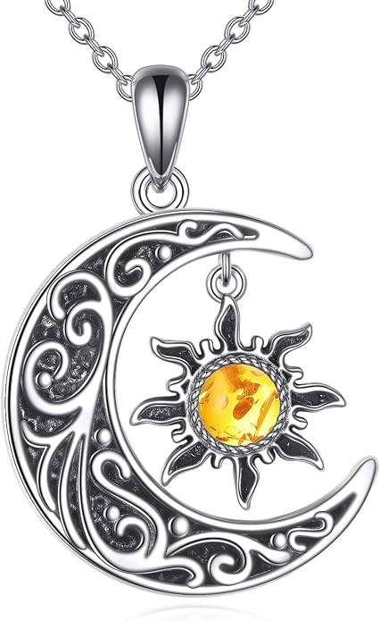VONALA Crescent Moon Necklace Sterling Silver Emerald/Red/Purple/Black/Rainbow Topaz/Green/Aquamarine/Blue/Moss Agate Celtic Moon Teardrop Necklace Celtic Jewelry Gifts for Women Birthday
