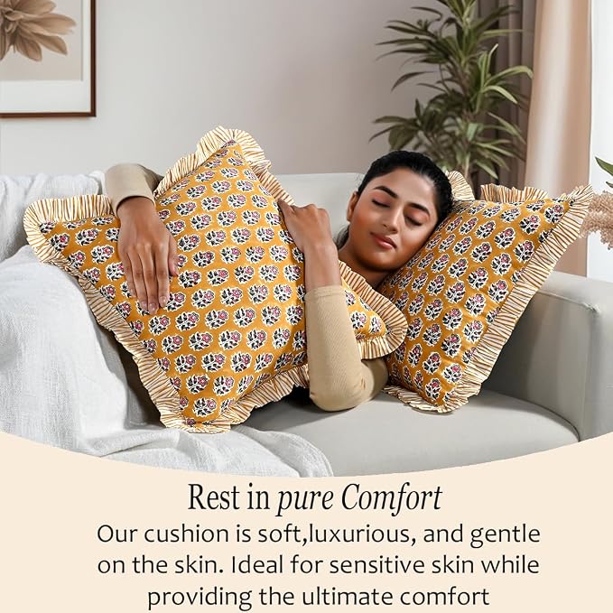 CPC Yellow Citrine Ruffle Throw Pillow Covers for Couch, 24x24 Inch Cotton Stripe Ruffle Couch Pillows for Living Room, Hidden 20 Inch Zipper Boho Pillow Case or Cute Outdoor Ruffle Pillows