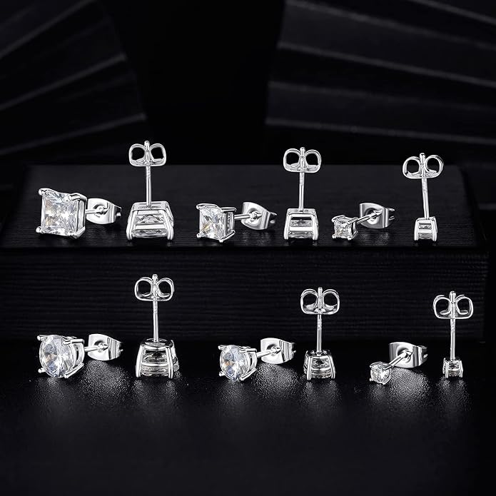 MDFUN 6 Pairs Stud Earrings Set 3mm/5mm/7mm Princess & Round Cubic Zirconia Earrings Hypoallergenic 316L Surgical Stainless Steel CZ Earrings for Women Men