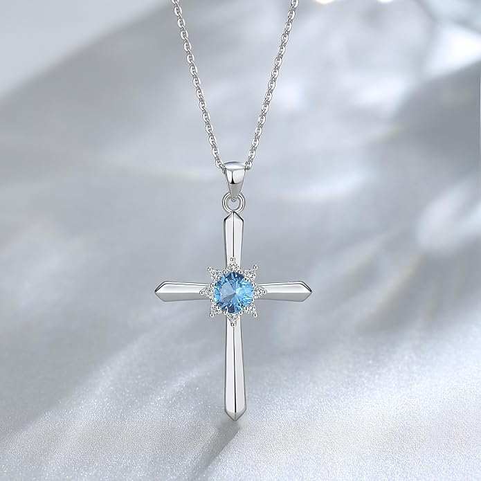 FANCIME Birthstone Cross Necklace for Women Sterling Silver Birthstone Necklace Halo Infinity Cross Pendant Necklace Fine Jewelry Valentines Day Gifts Birthday Holiday Gifts for Her, 16"+2" Inches