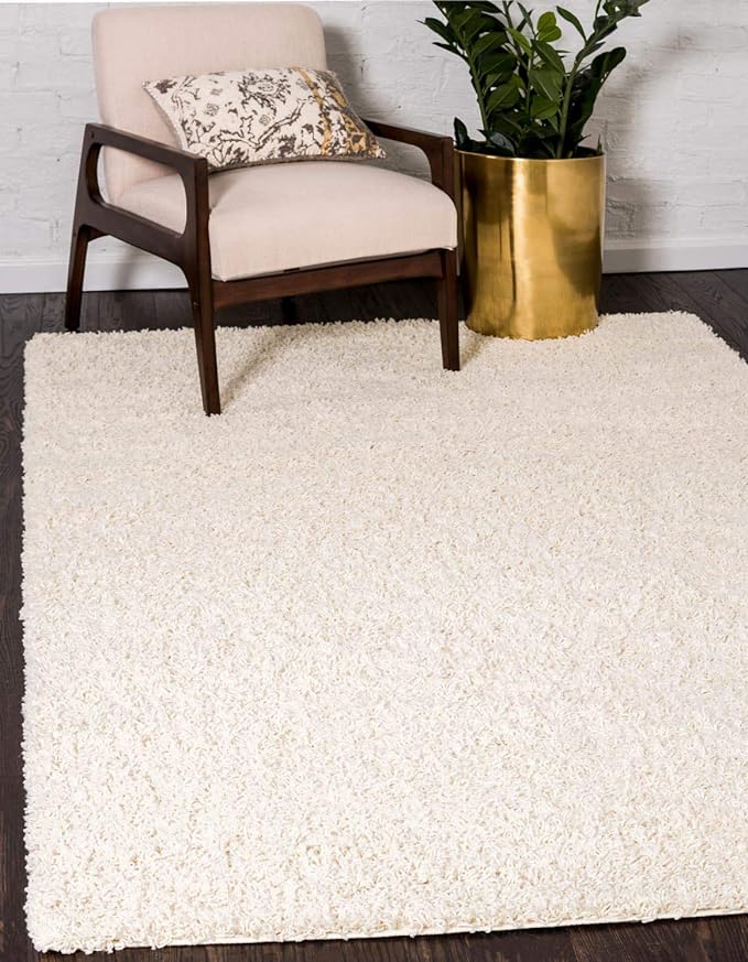 Unique Loom Solid Shag Collection Area Rug (8' x 11' Rectangle, Pure Ivory) | Modern Solid rug, stain and water resistant, doesn't shed, easy to clean, kid and pet friendly. Ideal for the living room.