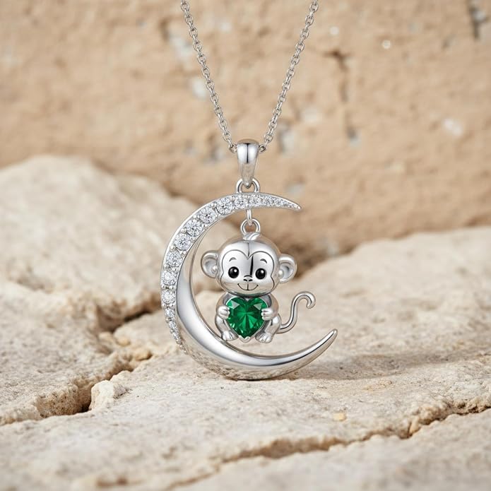 PROESS Animal Birthstone Necklace 925 Sterling Silver Otter/Axolotl/Hippo/Elephant/Dachshund/Monkey/Red Panda Pendant Necklace Animal Birthstone Jewelry Gifts for Women