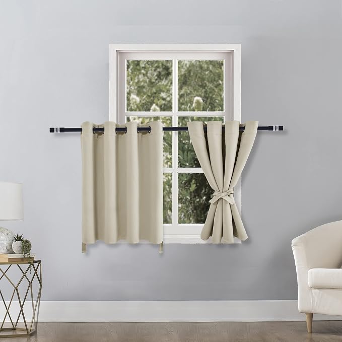 Hiasan RV Blackout Curtains for Bedroom, 52 x 30 Inches Long - Thermal Insulated & Light Blocking Window Curtains for Living Room, 2 Drape Panels Sewn with Tiebacks, Light Beige