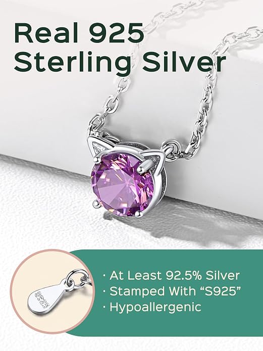 ChicSilver Bow and Cat Birthstone Necklace, 925 Sterling Silver Pendant Necklaces for Women, Hypoallergenic Silver Choker with 16 inch Rolo Chain, 12 Months Jewelry for Valentines Mothers Day Christmas