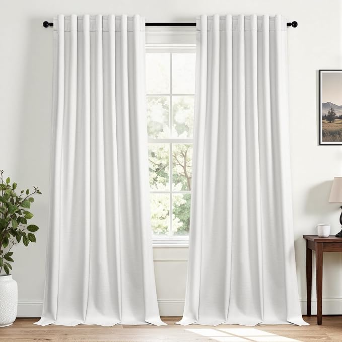Topfinel 95 inch Bedroom Living Room Curtains 2 Panels 100% Blackout Linen Texture Curtain Drapes with Back Tab Rod Pocket Room Darkening Thermal Insulated Curtains for Dining Sliding Door Snow White