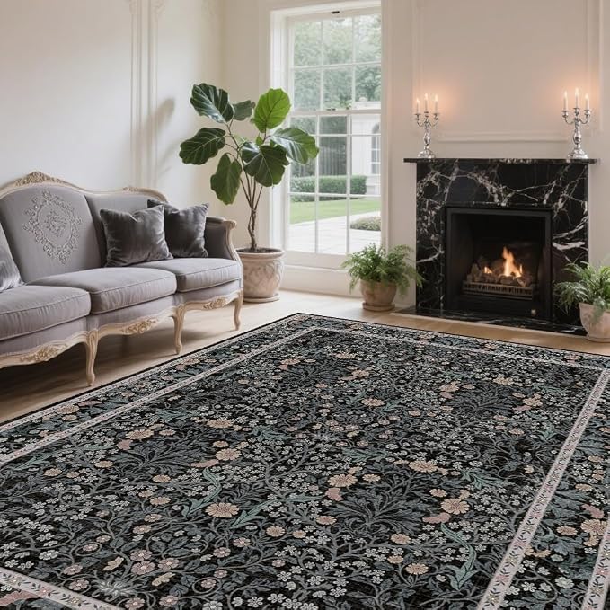 4x6 Area Rug for Bedroom Beside Rug, Laundry Room, Entryway, Kitchen, Washable Non-Slip Low Pile Ultra Soft Stain Resistant Carpet (Black)
