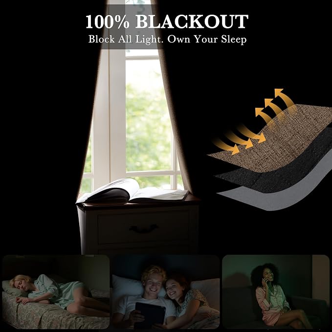 RYB HOME Brown 100% Blackout Curtains 63 inch Long, Light Blacking & Thermal Insulated Linen Curtains for Nursery/Bedroom/Boys'Room, Back Tab & Rod Pocket Window Treatment, W52 x L63, 2 Panels