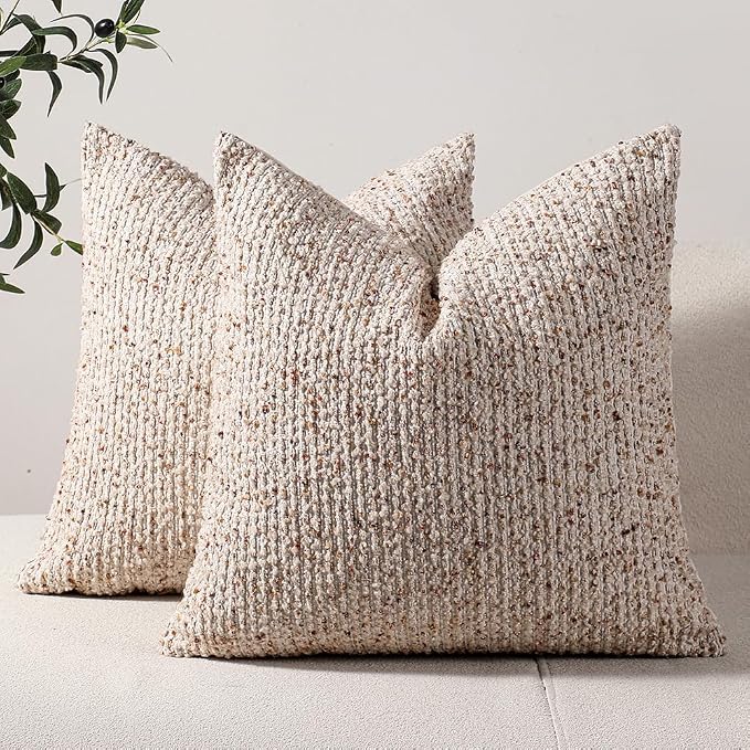 DEZENE Striped Throw Pillow Covers 16x16 Set of 2 Beige Textured Boucle Chic Morden Boho Accent Farmhouse Square Decorative Couch Pillow Covers for Home Decor Bed Sofa Living Room