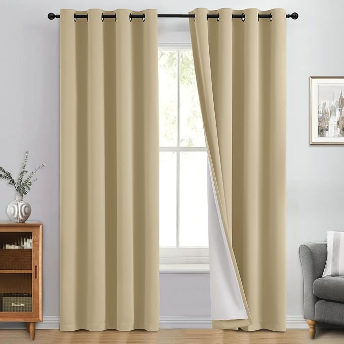 Yakamok Beige 100% Blackout Curtains 96 Inches Long for Bedroom 50" Wide | Blackout Curtain Panels for Bedroom, 2 Thick Layers Grommet Top Thermal Insulated Drapes with White Back for Living Room
