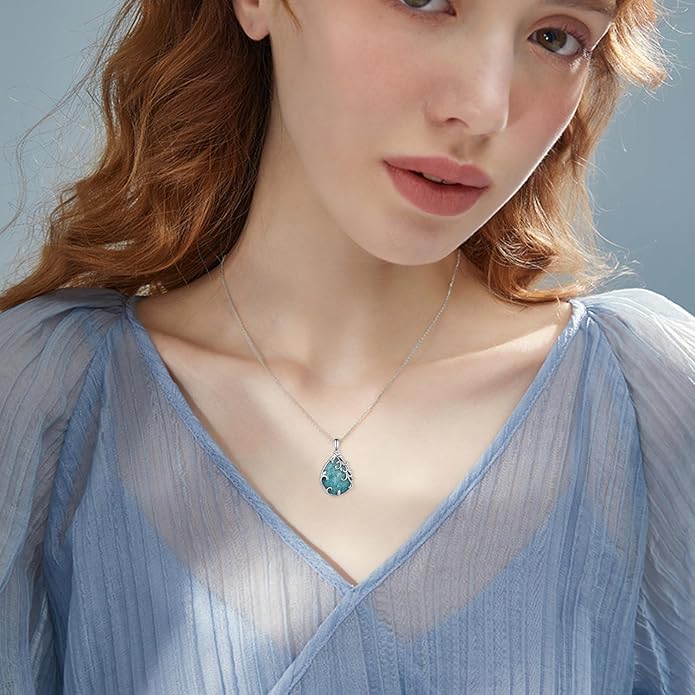 Teardrop Moonstone/Turquoise Necklace for Women 925 Sterling Silver Cage Filigree Necklaces Anniversary Birthday Jewelry Gift for Women