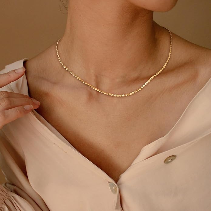 Dremmy Studios Dainty Gold Choker Necklace for Women 14K Gold Plated Coin Disc Figaro Layered Beaded Flat Mariner Sideways Cross Wishbone Link Clavicle Necklaces