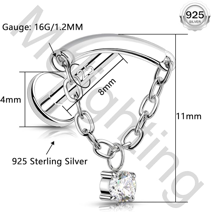 Melighting Sterling Silver 925 16G Cartilage Earring Internally Threaded Helix Earring Chain 16G Dangle 6/8 mm Tragus Piercing Jewelry Clear CZ Flat Back Earring