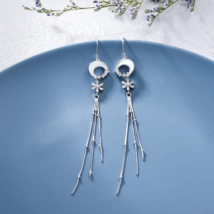 VONALA Moon Star Threader Earrings Sterling Silver Long Earrings for Women Hypoallergenic Tassel Chain Earrings for Teen Girls