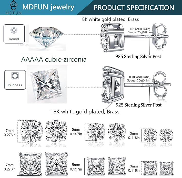 MDFUN 6 Pairs Stud Earrings Set 3mm/5mm/7mm Princess & Round Cubic Zirconia Earrings Hypoallergenic 316L Surgical Stainless Steel CZ Earrings for Women Men