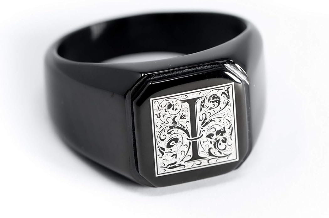 Jewelry | Stainless Steel Letter Alphabet Initial Ring | Square Flat Top Ring for Men & Women | Stainless Steel Jewelry, (Black, Gold, Silver), Size 7-16