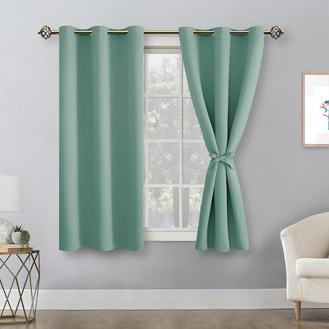 Hiasan Short Blackout Curtains for Bedroom - Thermal Insulated & Light Blocking Window Curtains for Living Room, 2 Drape Panels Sewn with Tiebacks, Sage Green, 42 x 45 Inch