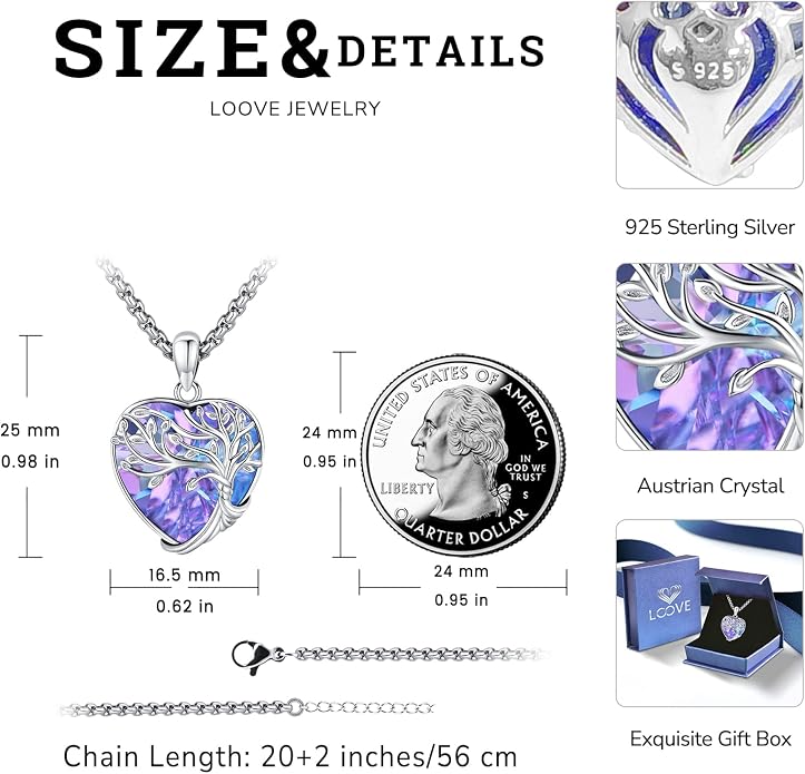 Jewelry Gifts - Tree of Life Necklace Sterling Silver Abalone Shell/Opal/Moonstone/Black Onyx/Turquoise/Malachite/Crystal Family Tree of Life Jewelry for Women Men