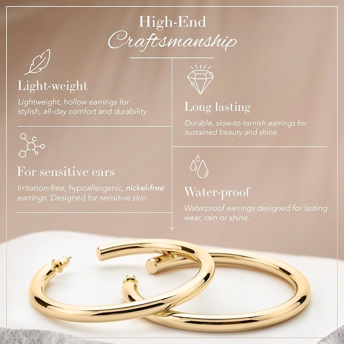 14K Gold-Plated, Lightweight, Open Hoop Earrings For Women