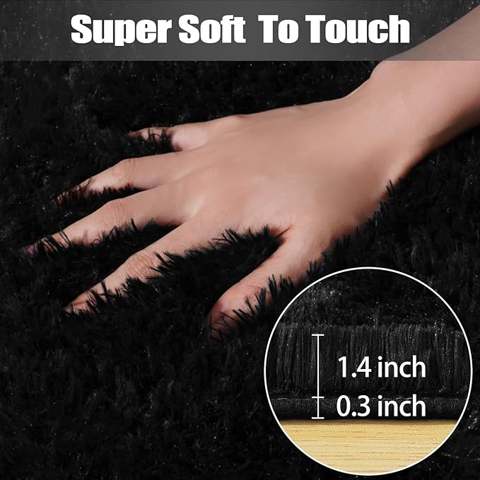 qulint 3x5 Black Rug for Bedroom, Fluffy Small Rug for Living Room Boy Room | Fuzzy Plush Non Slip Carpet Shaggy Shag Modern Solid Rug for Dorm Nursery Kid Room Classroom Home Decor