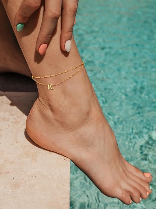 FaithHeart Initial Ankle Bracelets for Women, Waterproof 14k Gold Plated Initial Anklets Non Tarnish Stainless Steel Cute Layered Anklet Summer Beach Jewelry